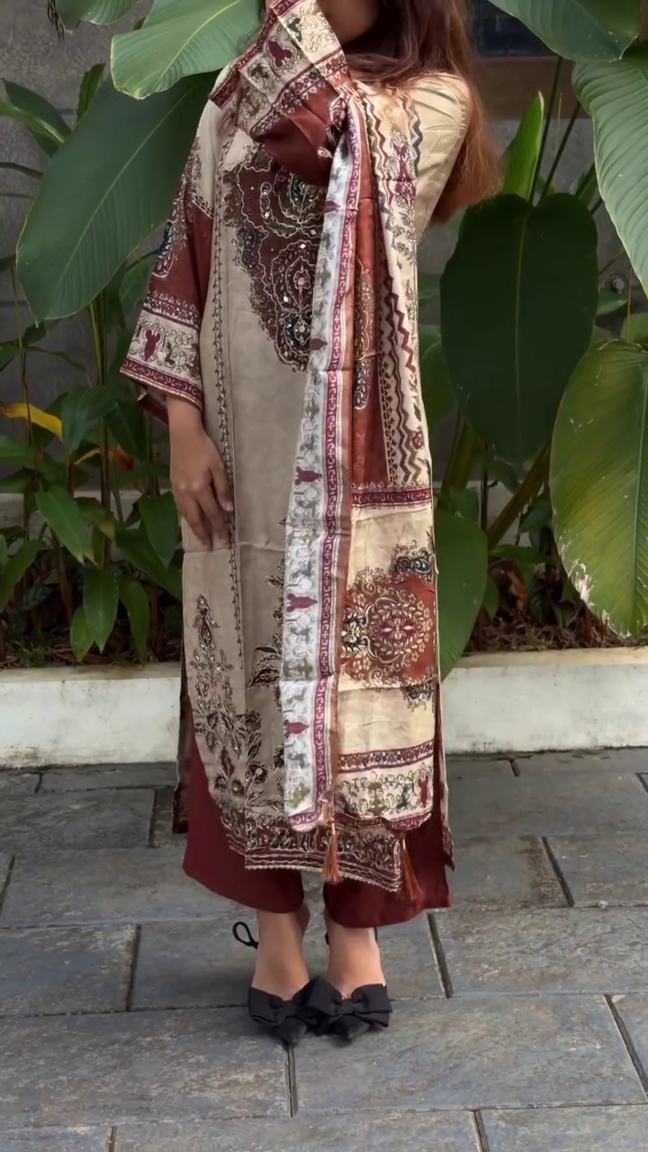 Beige & Maroon Printed Kurta Suit Set