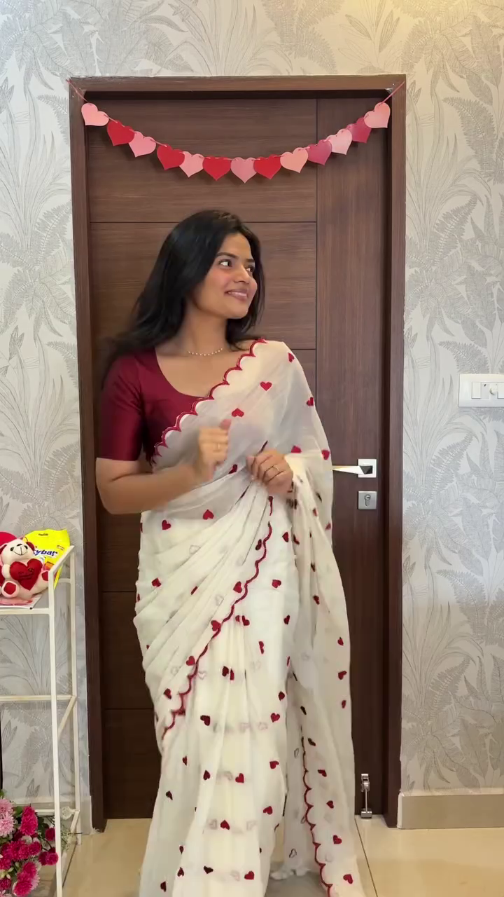 White Heart Print Designer Saree
