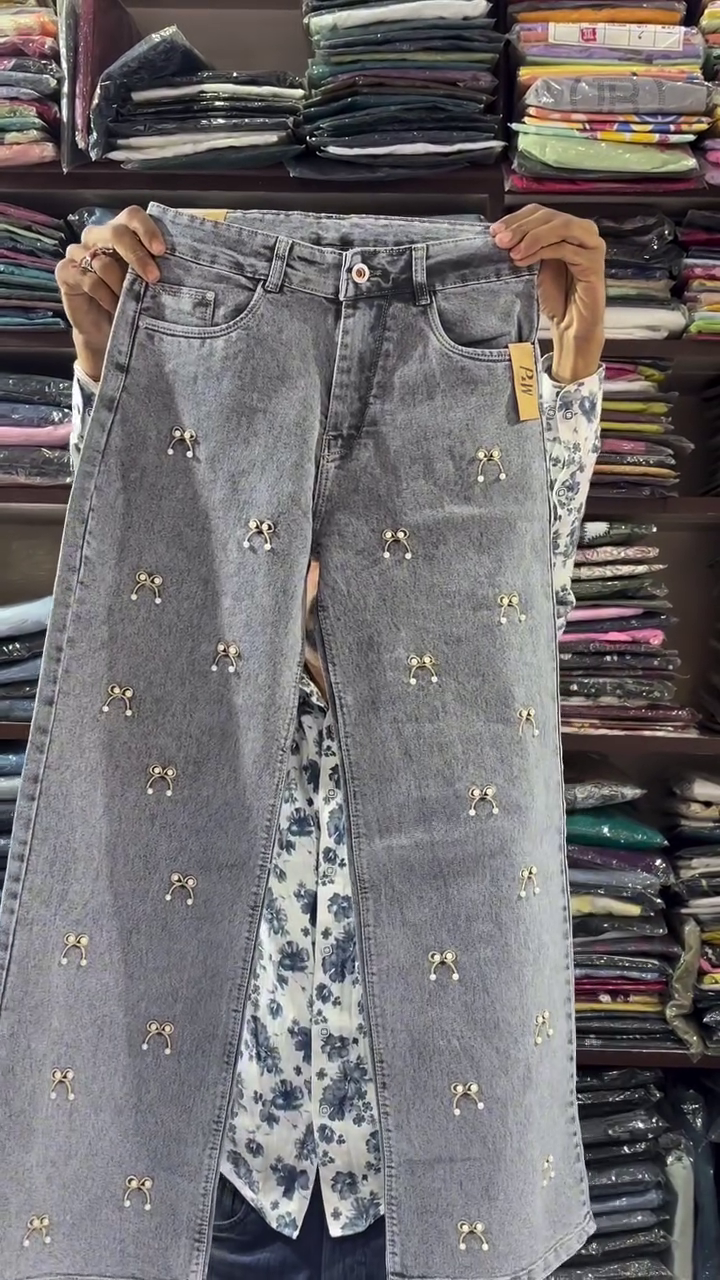 Grey Embellished Designer Denim