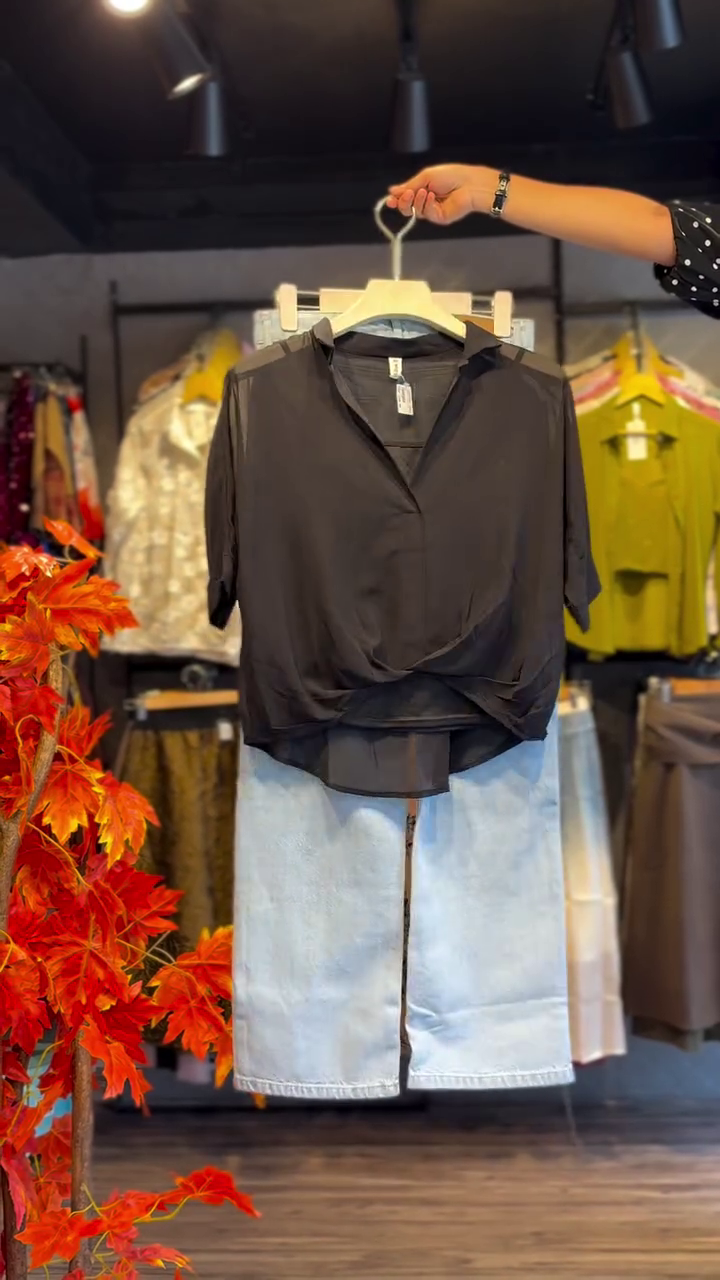 Chic Black Twist Top with Light Blue Denim Skirt Set