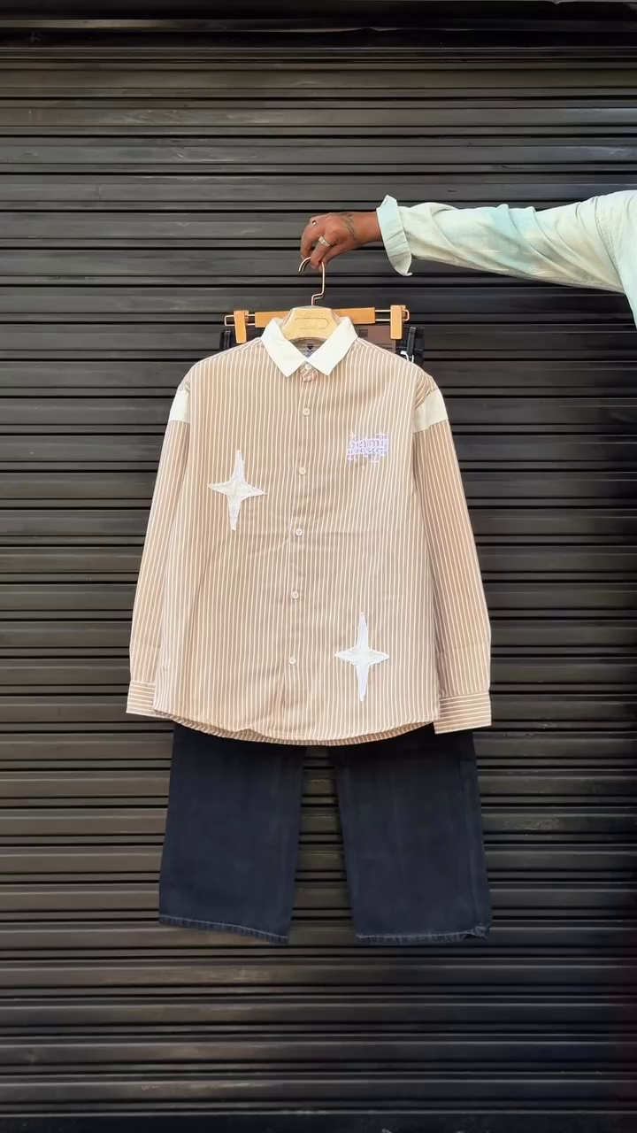 Beige Striped Shirt & Denim Shorts