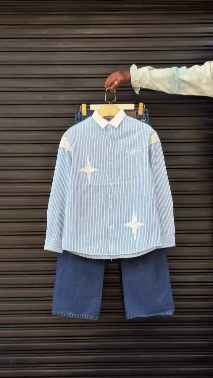 Beige Striped Shirt & Denim Shorts