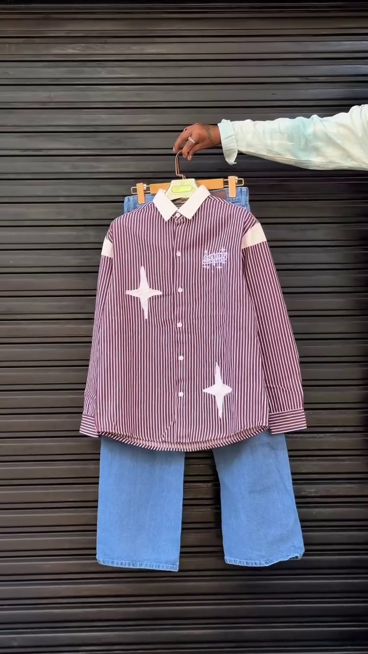 Beige Striped Shirt & Denim Shorts