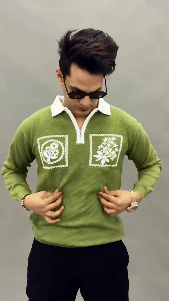 Olive Green Knit Polo Sweatshirt