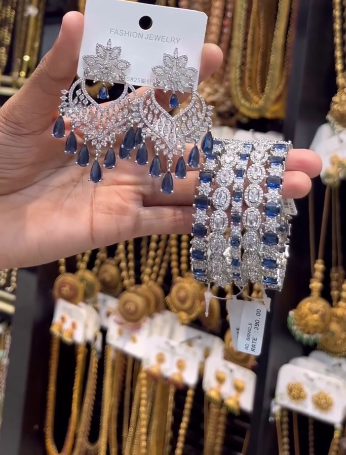 Luxury Crystal Drop Earrings & Statement Bangle Set